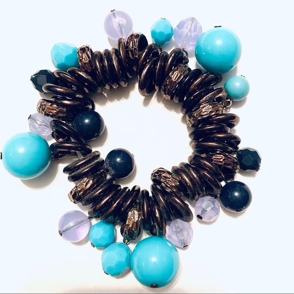Chunky Beaded Bobble Copper Tone and Blue Necklace Bracelet Set - Picture 2 of 4